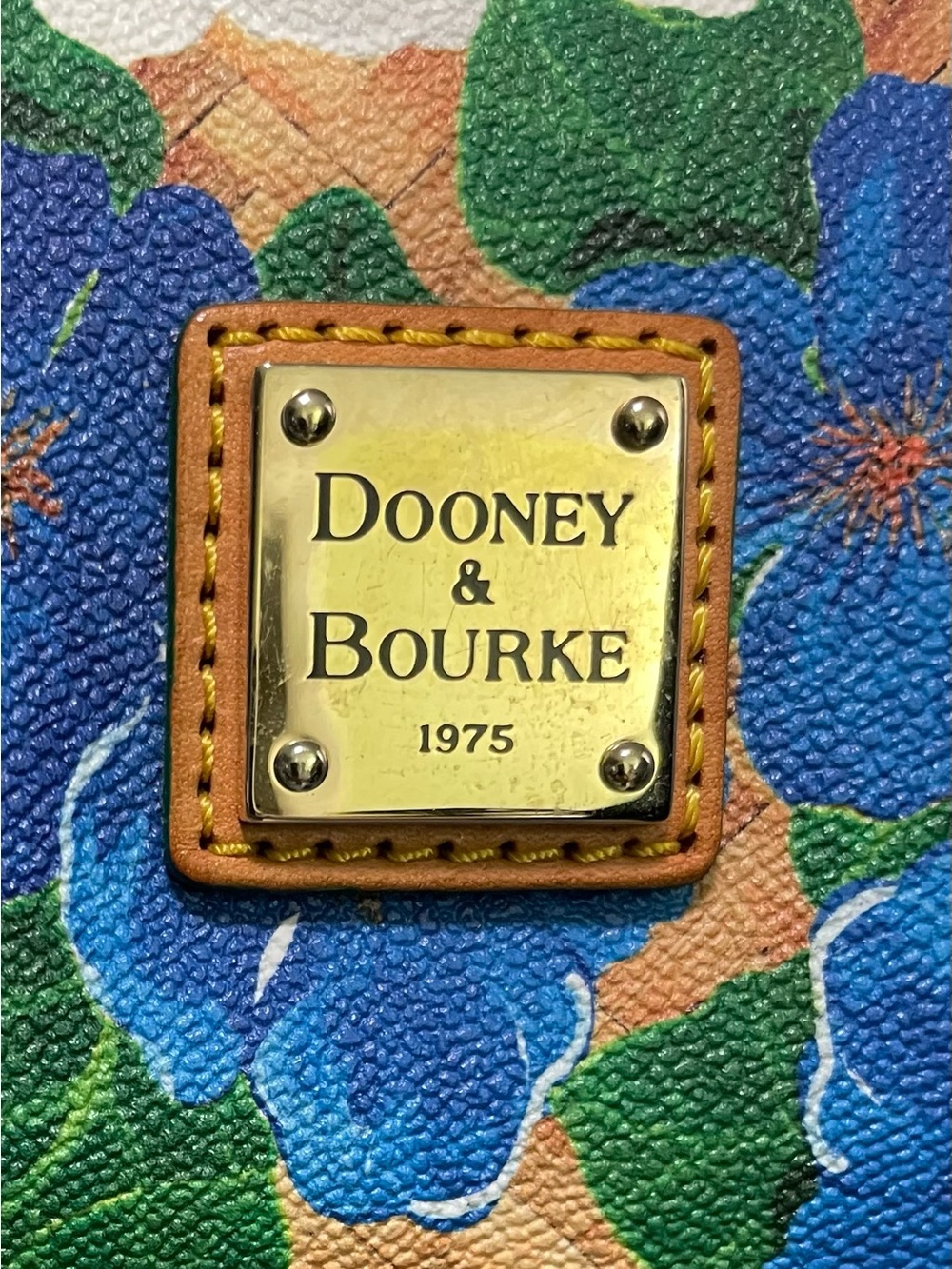 Dooney & Bourke satchel blue & white Pansies with a basket weave background. - Picture 2 of 15